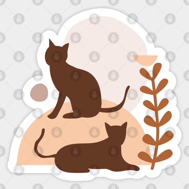 Boho Brown Cats Shapes and Leaves Illustration Sticker by CrystalJ 